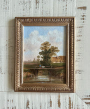 Little Bridge in the Countryside – Vintage Pastoral Painting in Ornate Gilt Frame